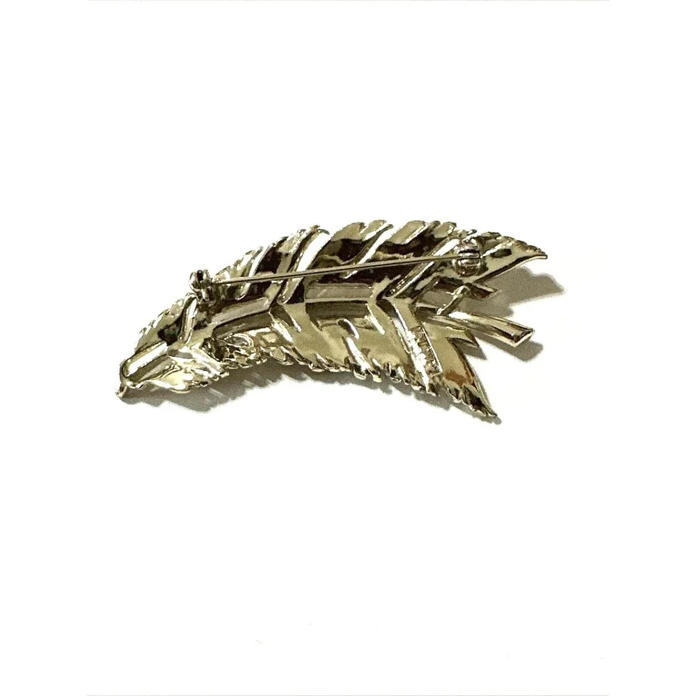 Vintage LISNER Feather Brooch Plume Pale Gold Silver Tone Mid Century Modern Pin